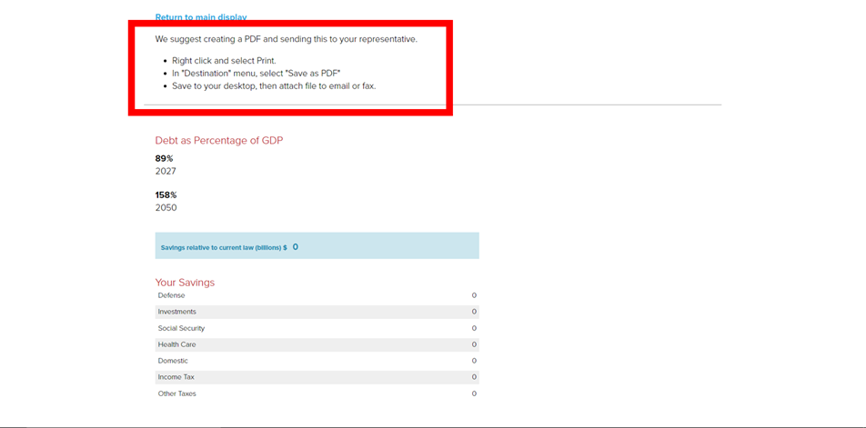 Image of the Debt Fixer Website. This image is showing how you can save your results as a pdf file.