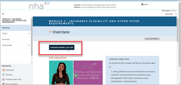 Continue where left off button highlighted