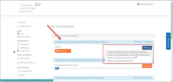 arrow pointing to the study guide and module drop-down menu displaying options