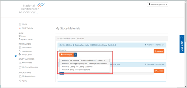 view report button highlighted with drop-down menu showing different module options