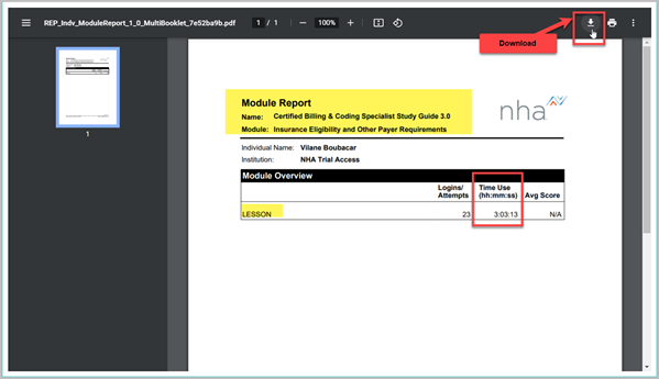 module report option to download in pdf highlighted with arrow